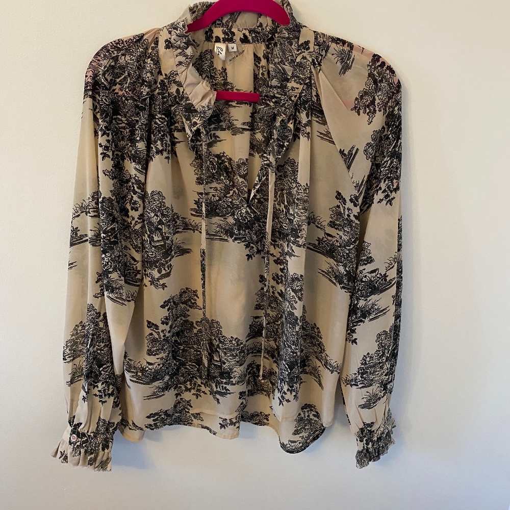 Elan Nude Black  Floral Toile Ruffle V-Neck Balloon Sleeve Peasant -Size Med